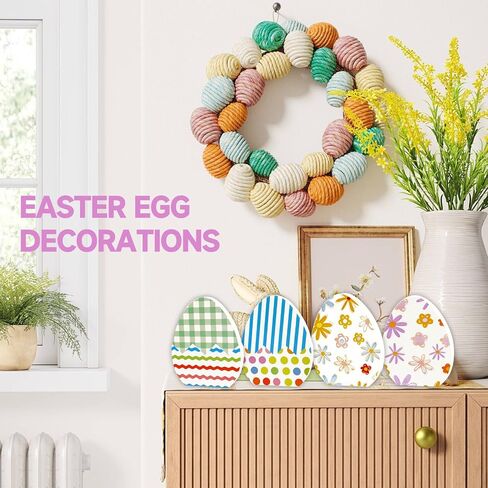 Easter Egg Table Decorations Centerpiece, 4 Pcs Wooden Easter Eggs Table Signs Spring Tabletop Decor for Home Office Tiered Tray Shelf Mantel Fireplace Dining Room Party Supplies in Kuwait
