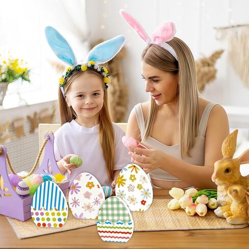 Easter Egg Table Decorations Centerpiece, 4 Pcs Wooden Easter Eggs Table Signs Spring Tabletop Decor for Home Office Tiered Tray Shelf Mantel Fireplace Dining Room Party Supplies in Kuwait