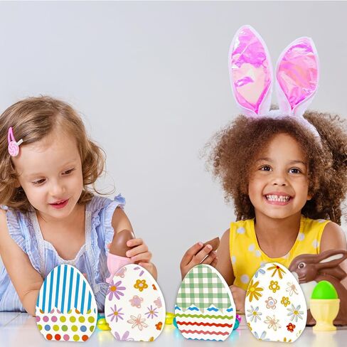 Easter Egg Table Decorations Centerpiece, 4 Pcs Wooden Easter Eggs Table Signs Spring Tabletop Decor for Home Office Tiered Tray Shelf Mantel Fireplace Dining Room Party Supplies in Kuwait