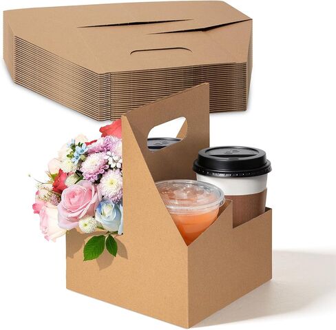 FMP Brands 4 Cup Disposable Drink Carrier with Handle, 25 Pack Kraft Paperboard Handled Drink Carriers 12-30 oz to Go Coffee Cup Holder, Cup Carrier for Cold Hot Drinks, Valentine Mother's Day in Kuwait