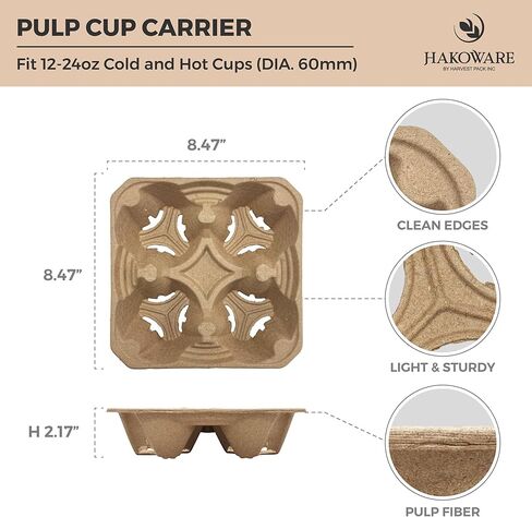 [25 عددًا] HAKOWARE 12-24oz 4 صواني حاملة للمشروبات للاستعمال مرة واحدة، حامل أكواب من الورق المقوى من ألياف اللب القابلة للتحلل للمشروبات الجاهزة، كرافت شديدة التحمل للذهاب إلى حامل أكواب القهوة، حاملات المشروبات للتسليم in Kuwait