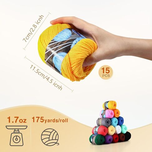 Lihao 15 Skeins خيوط أكريليك لصياغة الحياكة الكروشيه ، طقم الكروشيه للمبتدئين مع علامات غرزة Crochet Hook Row (175 ياردة لكل كرة) in Kuwait