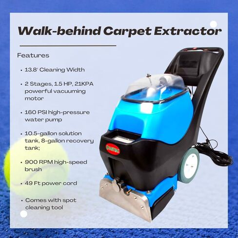 Commercial Walk-Behind Carpet Extractor Machine, 160 PSI Cold Water Carpet Cleaner, 21 KPA Suction, 13.8" Brush Width, 18.5" Squeegee Width, 10.5-Gal Solution Tank, 8-Gal Recovery Tank in Kuwait