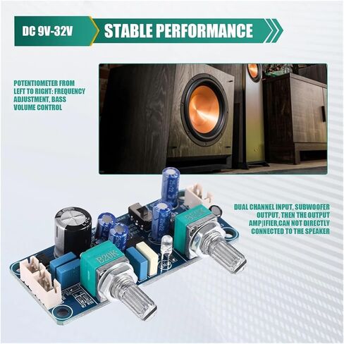 Low Pass Filter Bass Subwoofer Preamp Amplifier Board Single Power DC 9-32V Preamplifier with Bass Volume Adjustment in Kuwait