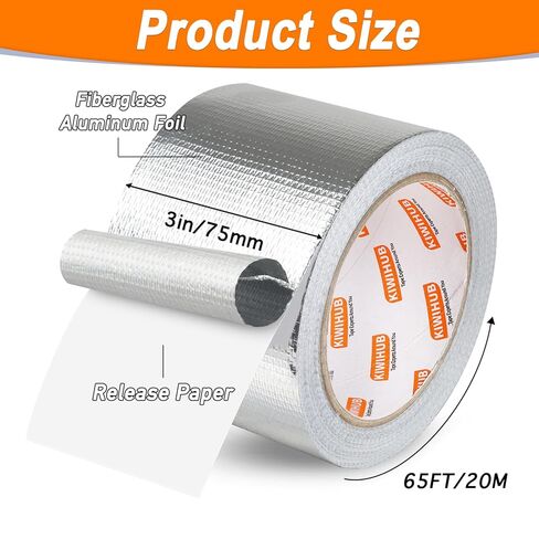 Adhesive Aluminum Foil Heat Shield Tape Barrier，Fiberglass Thermal Insulation Reflective Tape for High Temp Protection, Hose and Auto Use(Silver,3in X 66ft) in Saudi Arabia