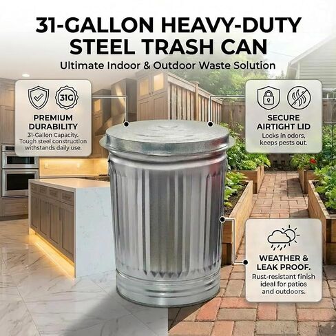 31-Gallon Heavy-Duty Steel Trash Can - Kitchen & Office - Silvery - with Airtight lid - Metal Outdoor Trash Can for Patio, Kitchen & Office in Saudi Arabia