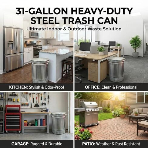 31-Gallon Heavy-Duty Steel Trash Can - Kitchen & Office - Silvery - with Airtight lid - Metal Outdoor Trash Can for Patio, Kitchen & Office in Saudi Arabia