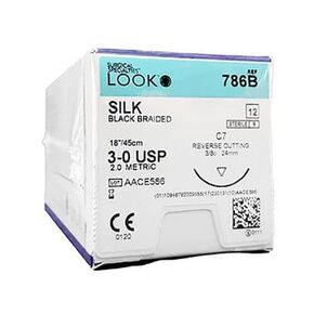 Look 786B خيوط حريرية سوداء مضفرة غير قابلة للامتصاص عكسية C7 3/8 دائرة 3-0 18 12/Bx in Kuwait