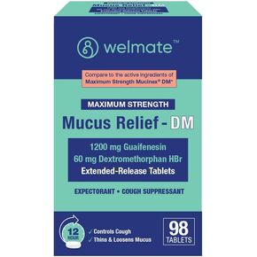 WELMATE - Mucus Relief - Guaifenesin 1200 mg Maximum Strength - Extended-Release Expectorant Tablets - Helps Clear Chest Congestion & Loosen Mucus - 12 Hour Relief - 100 Count in Kuwait