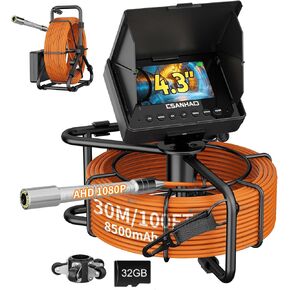 كاميرا الصرف الصحي 100FT/30M كاميرا منظار فحص الأنابيب بوريسكوب مع ضوء 12 مصباح LED 4.3 بوصة شاشة IPS 22 مم سباكة ثعبان بطارية 8500 مللي أمبير في الساعة (30 مترًا بدون وظيفة DVR) in Kuwait