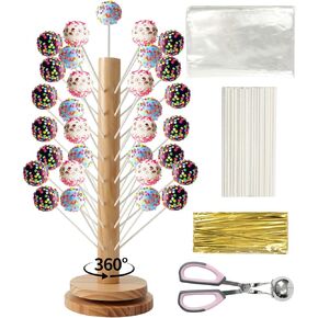 طقم حامل الكيك الخشبي مكون من 48 فتحة مع قاعدة دوارة، وحامل مصاصات خشبي، وطاولة حلوى، وحامل حلوى مزخرف مع مغرفة الكيك، وعصي ورقية، وأكياس حلوى شفافة وربطات عنق ملفوفة in Kuwait