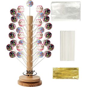 Wood Cake Pop Stand Kit 48 Holes with Spinning Base, Wooden Lollipop Holder Candy Table Display Decorative Dessert Stand with Cake Pop Scooper, Paper Sticks, Clear Treat Bags & Twist Ties in Saudi Arabia