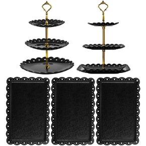 مجموعة حامل كب كيك مكونة من 5 قطع - مجموعة عرض طاولة الحلوى البلاستيكية السوداء، 2X أسود 3 طبقات حامل عرض كب كيك حامل صينية البسكويت وبرج تقديم و3X 14 في صواني بلاستيكية لحفلات الزفاف وحفلات الشاي وحفلات استقبال المولود الجديد in Kuwait