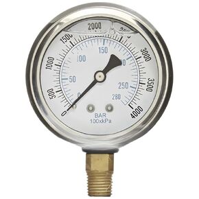 1/4" NPT Lower Mount Liquid Filled Pressure Gauge with 2.5" Dial - 0-4000 PSI - for Commercial or Industrial Hydraulic & Pneumatic Systems - Compressor Pressure Gauge Replacement in Kuwait
