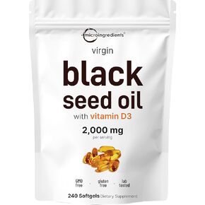 Micro Ingredients Black Seed Oil with Vitamin D3 1000 IU, 240 Softgels | 2,000 mg Black Seed Oil Per Serving | Nigella Sativa Oil | 2-in-1 Unrefined Seed Oil Formula | Non-GMO, cGMP Manufactured in Saudi Arabia