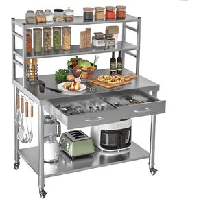 Stainless Steel Table with Shelves and Drawer 48"x24" Prep Table for Commercial Kitchen Steel Countertop with 2 Adjustable Tier Overshelves Work Tables Workbench for Home Restaurant Garage in Kuwait