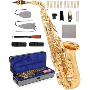 AKLOT Handcrafted E-Flat Alto Saxophone: Gold Brass Body with Clear, Balanced Tone, Secure Air Seal, Durable 23-Key System, Includes Stylish Case, Saxophone Cleaning Kit, Reeds & Gloves (BL-SF) in Kuwait