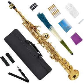 Bb Straight Soprano Saxophone Gold Lacquer Brass with Exquisite Carving and Shell Keys Full Set Includes Hard Case Mouthpiece Reeds Gloves for Students in Kuwait
