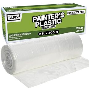 Painter's Plastic Film Heavy Duty 0.39 mil, 400' Length x 9' Width High, High Density Painters Plastic Sheeting Roll in Box with Dispense Hole for Easy Paint Plastic Covering in Kuwait
