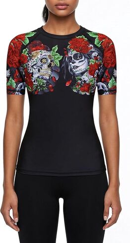 Raven Fightwear Women's Calaveras y Rosas Rash Guard Short Sleeve BJJ MMA Black in Kuwait