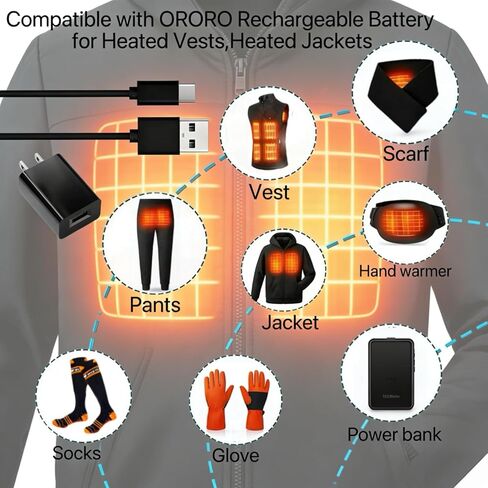 شاحن 5 فولت لبطارية ORORO، مع سترات ORORO المُدفأة، والقفازات، والسترات، وغطاء اليد، والوشاح، وسلك محول الطاقة الكهربائي القابل لإعادة الشحن USB-C in Kuwait