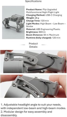 ملحق إضاءة الطيران الليلي متعدد الوظائف، ضوء LED عالي السطوع 900 لومن لطائرة DJI Flip بدون طيار، زاوية قابلة للتعديل، أوضاع عالية/منخفضة/ستروب، وقت تشغيل يصل إلى 120 دقيقة، خرزات LED ممتازة in Kuwait