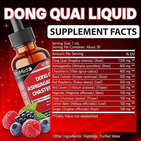 10in1 Liquid Dong Quai Supplement for Women with Ashwagandha, Chasteberry, Black Cohosh, Red Clover, Magnolia, Red Raspberry, Hops Flower, Lemon Balm, and Ginger - 30ml 1 Fl Oz in Saudi Arabia
