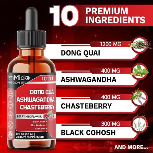 10in1 Liquid Dong Quai Supplement for Women with Ashwagandha, Chasteberry, Black Cohosh, Red Clover, Magnolia, Red Raspberry, Hops Flower, Lemon Balm, and Ginger - 30ml 1 Fl Oz in Saudi Arabia