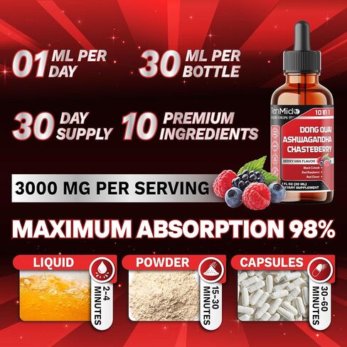 10in1 Liquid Dong Quai Supplement for Women with Ashwagandha, Chasteberry, Black Cohosh, Red Clover, Magnolia, Red Raspberry, Hops Flower, Lemon Balm, and Ginger - 30ml 1 Fl Oz in Saudi Arabia