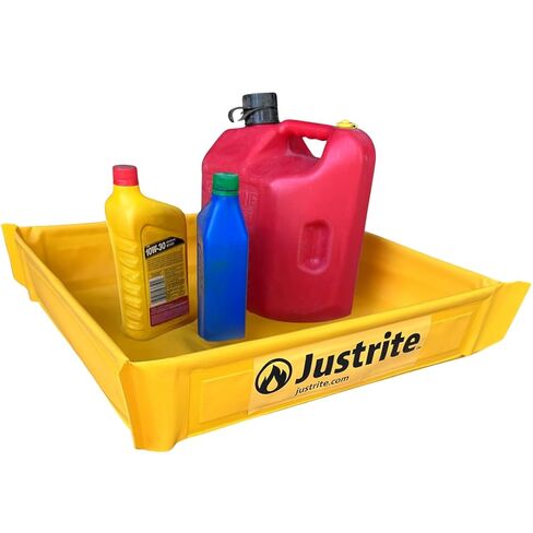 Justrite Collapsible Utility Tray, 18" x 18" x 4", 5 Gallon Capacity Folding Oil Drip Tray for Under Car, Trucks, Machinery, 18oz Yellow PVC, Made in The USA, 28585 in Saudi Arabia