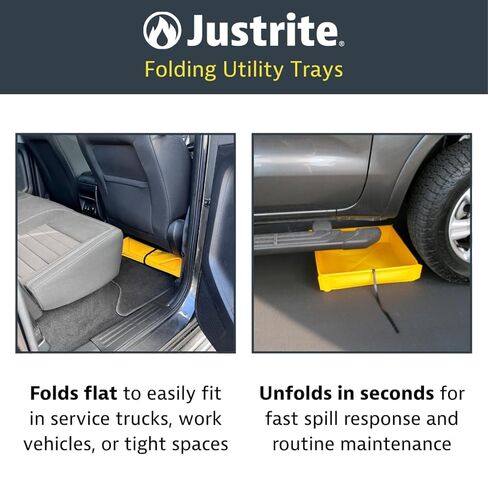 Justrite Collapsible Utility Tray, 18" x 18" x 4", 5 Gallon Capacity Folding Oil Drip Tray for Under Car, Trucks, Machinery, 18oz Yellow PVC, Made in The USA, 28585 in Saudi Arabia