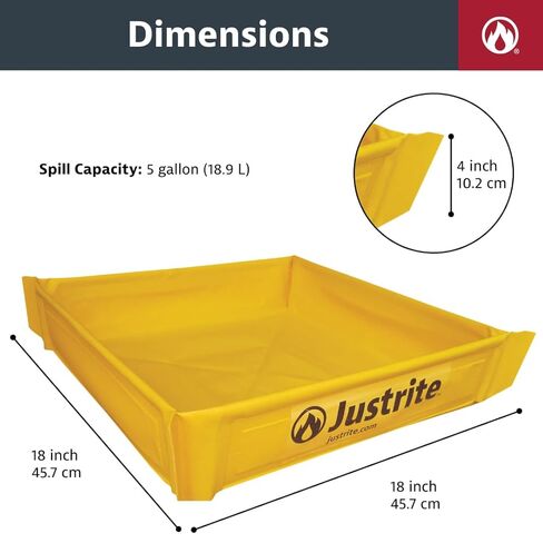 Justrite Collapsible Utility Tray, 18" x 18" x 4", 5 Gallon Capacity Folding Oil Drip Tray for Under Car, Trucks, Machinery, 18oz Yellow PVC, Made in The USA, 28585 in Saudi Arabia
