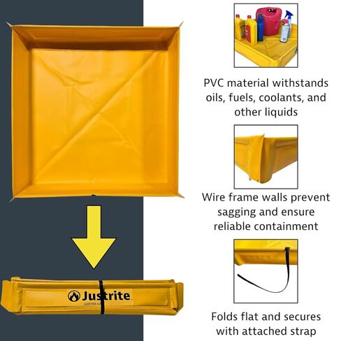 Justrite Collapsible Utility Tray, 18" x 18" x 4", 5 Gallon Capacity Folding Oil Drip Tray for Under Car, Trucks, Machinery, 18oz Yellow PVC, Made in The USA, 28585 in Saudi Arabia