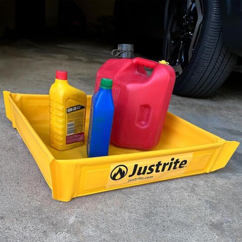 Justrite Collapsible Utility Tray, 18" x 18" x 4", 5 Gallon Capacity Folding Oil Drip Tray for Under Car, Trucks, Machinery, 18oz Yellow PVC, Made in The USA, 28585 in Saudi Arabia