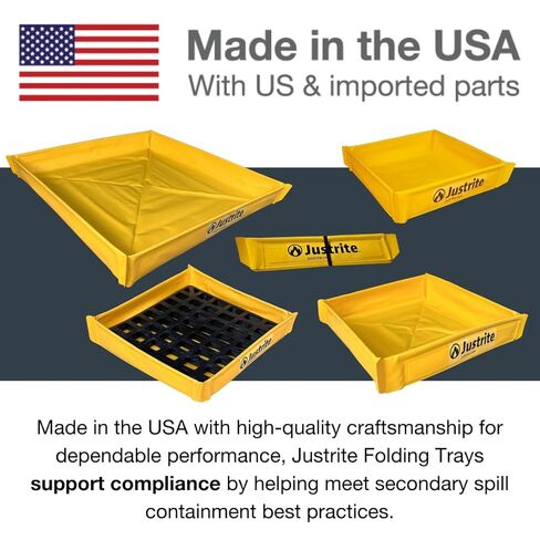 Justrite Collapsible Utility Tray, 18" x 18" x 4", 5 Gallon Capacity Folding Oil Drip Tray for Under Car, Trucks, Machinery, 18oz Yellow PVC, Made in The USA, 28585 in Saudi Arabia