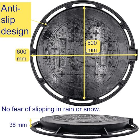 غطاء وإطار فتحة من الحديد الزهر مقاس 20 بوصة للأنابيب المموجة مقاس 18 بوصة، فئة B بوزن 28100 رطل، غطاء خزان الصرف الصحي للخدمة الشاقة مع قاعدة، غطاء بئر فحص أسود دائري مضاد للانزلاق (معرف حقيقي 19.7 بوصة) in Kuwait
