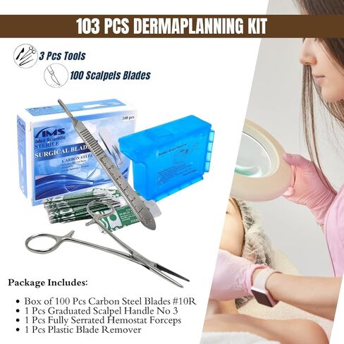 تشتمل مجموعة IMEDS Dermaplaning على شفرات Dermaplaning 10R (100 قطعة) مع مقبض مشرط رقم 3، وصندوق إزالة الشفرات، وملقط مرقئ، ومجموعة الكل في واحد لعلاجات العناية بالبشرة in Saudi Arabia