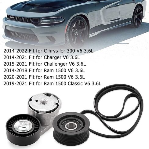 طقم شداد حزام القيادة لـ Ram 1500 لـ Chry sler 300 3.6L V6 - استبدال مباشر مناسب OE 39282 38082 6PK1960 مع حزام سيربنتين وبكرة تباطؤ، متوافق مع شاحن تشالنجر، 3 قطع in Kuwait