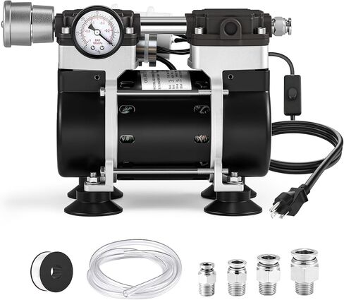 Oilless Vacuum Pump 50 L/Min with Power Switch 110V Lab Vacuum Pump with Vacuum Meter, Aluminum Silencer and 4 Stainless Steel Connectors for Laboratory Woodworking in Kuwait