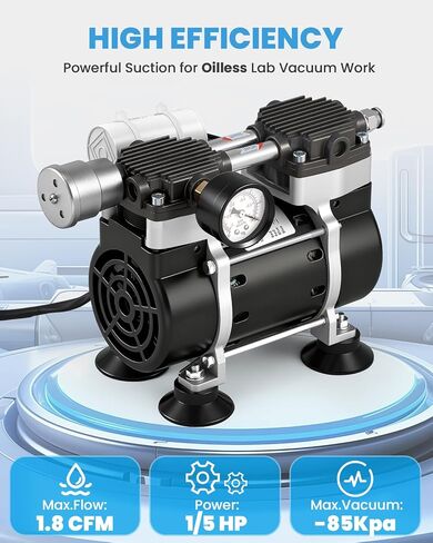 Oilless Vacuum Pump 50 L/Min with Power Switch 110V Lab Vacuum Pump with Vacuum Meter, Aluminum Silencer and 4 Stainless Steel Connectors for Laboratory Woodworking in Kuwait