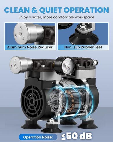 Oilless Vacuum Pump 50 L/Min with Power Switch 110V Lab Vacuum Pump with Vacuum Meter, Aluminum Silencer and 4 Stainless Steel Connectors for Laboratory Woodworking in Kuwait
