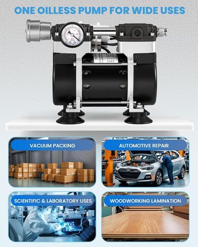 Oilless Vacuum Pump 50 L/Min with Power Switch 110V Lab Vacuum Pump with Vacuum Meter, Aluminum Silencer and 4 Stainless Steel Connectors for Laboratory Woodworking in Kuwait
