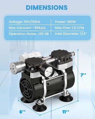 Oilless Vacuum Pump 50 L/Min with Power Switch 110V Lab Vacuum Pump with Vacuum Meter, Aluminum Silencer and 4 Stainless Steel Connectors for Laboratory Woodworking in Kuwait