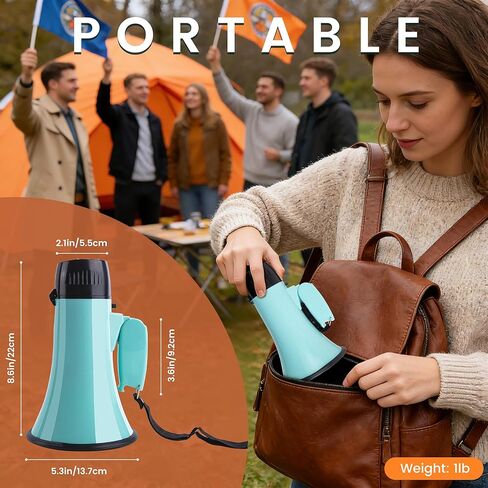 مكبر صوت مكبر صوت بولهورن بقدرة 20 وات، صفارة إنذار وتسجيل 240 ثانية، مكبر صوت محمول مع شاشة عرض للطاقة وحزام - أخضر فاتح in Kuwait