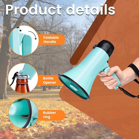 مكبر صوت مكبر صوت بولهورن بقدرة 20 وات، صفارة إنذار وتسجيل 240 ثانية، مكبر صوت محمول مع شاشة عرض للطاقة وحزام - أخضر فاتح in Kuwait