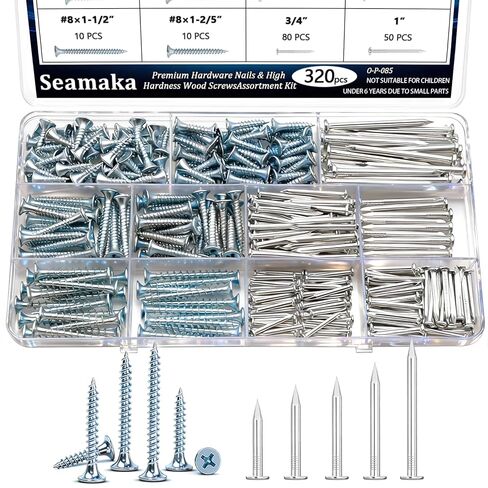 320Pcs Premium Hardware Nails & High Hardness Wood Screws Assortment Kit，1/2"-2"-11 Sizes Phillips Drive Flat Head, Common Nails,Wood Screws,Furniture Screw with Storage Box in Saudi Arabia