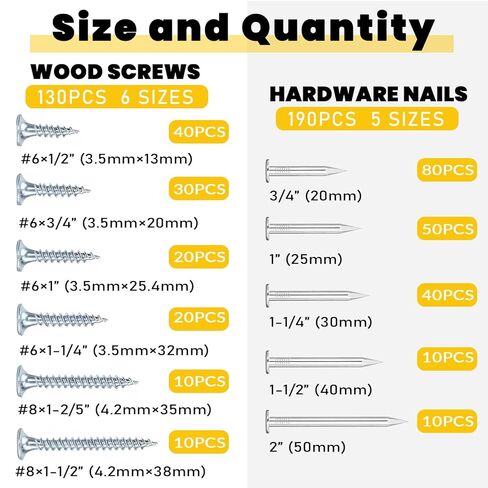 320Pcs Premium Hardware Nails & High Hardness Wood Screws Assortment Kit，1/2"-2"-11 Sizes Phillips Drive Flat Head, Common Nails,Wood Screws,Furniture Screw with Storage Box in Saudi Arabia