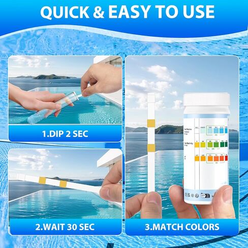 شرائط اختبار حوض الاستحمام الساخن من Accevo، مجموعة اختبار مياه حمام السباحة 3 في 1 للكلور/البروم، ودرجة الحموضة، والقلوية الكاملة - شرائط اختبار سهلة ودقيقة لحمامات السباحة والمنتجعات الصحية - 150 شريطًا in Kuwait