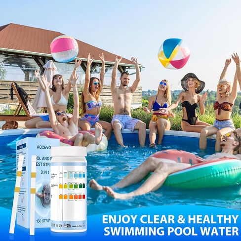 شرائط اختبار حوض الاستحمام الساخن من Accevo، مجموعة اختبار مياه حمام السباحة 3 في 1 للكلور/البروم، ودرجة الحموضة، والقلوية الكاملة - شرائط اختبار سهلة ودقيقة لحمامات السباحة والمنتجعات الصحية - 150 شريطًا in Kuwait
