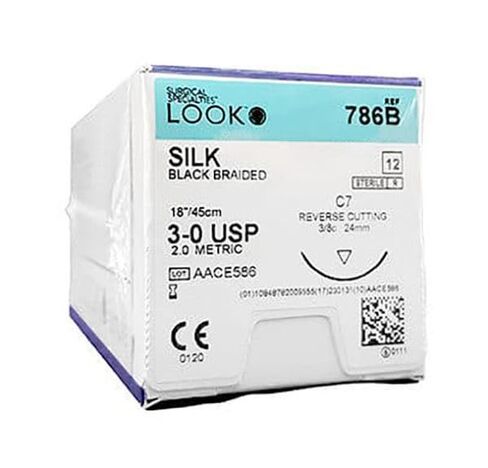 Look 786B خيوط حريرية سوداء مضفرة غير قابلة للامتصاص عكسية C7 3/8 دائرة 3-0 18 12/Bx in Kuwait